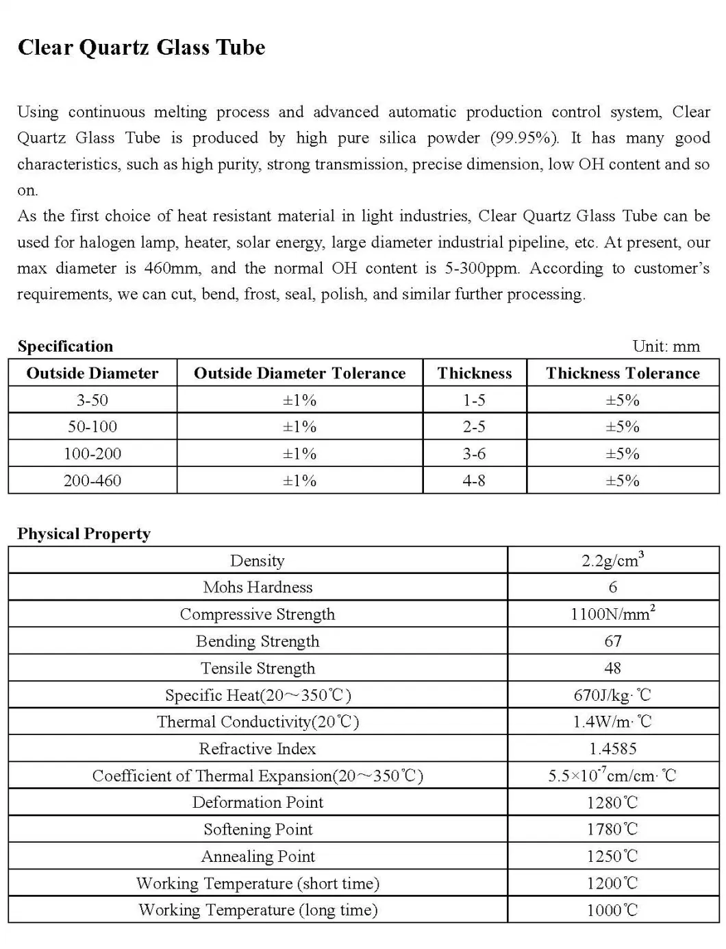 Customized Various Shapes Transparent or Opaque Silica Quartz Glass Tube/Pipe/Tubing